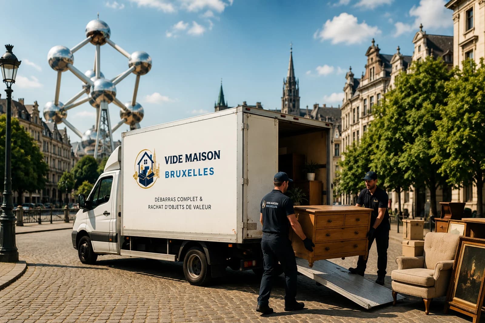 Camion Vide Maison Bruxelles, équipe chargeant un meuble, Atomium et hôtel de ville en arrière-plan